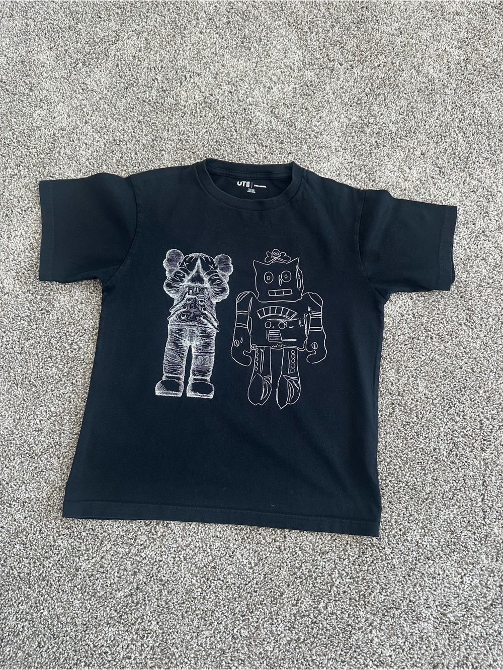 Uniqlo x KAWS Black Kids Tee with White Robot & Bear Line Art